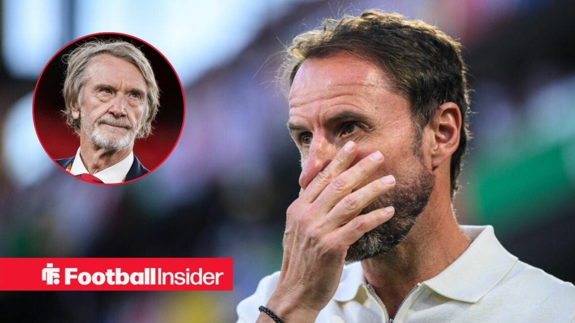 Gareth Southgate on the sidelines, with Jim Ratcliffe in a circular inset