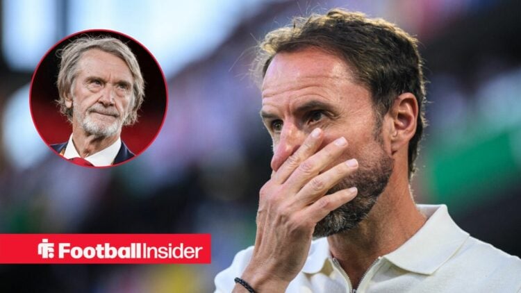 Gareth Southgate on the sidelines, with Jim Ratcliffe in a circular inset