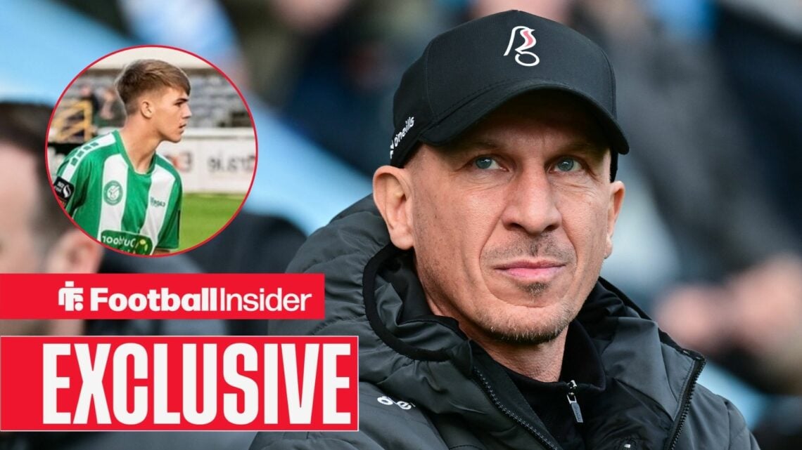 Football Insider exclusive as Bristol City manager Gerhard Struber glances towards Bray Wanderers striker Billy O'Neill, who is in action in a circ...