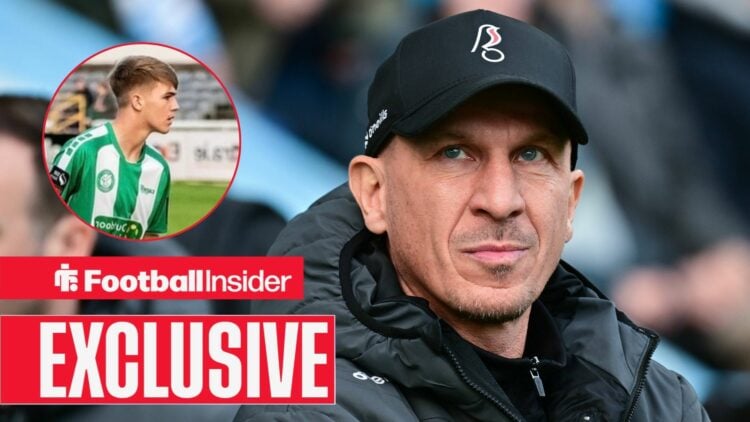 Football Insider exclusive as Bristol City manager Gerhard Struber glances towards Bray Wanderers striker Billy O'Neill, who is in action in a circ...