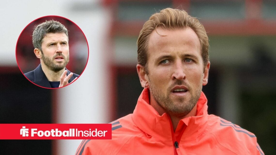 Harry Kain in training for Bayern Munich, with Michael Carrick in a circular inset