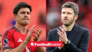 Harry Maguire in action for Man United, with Michael Carrick on the sidelines