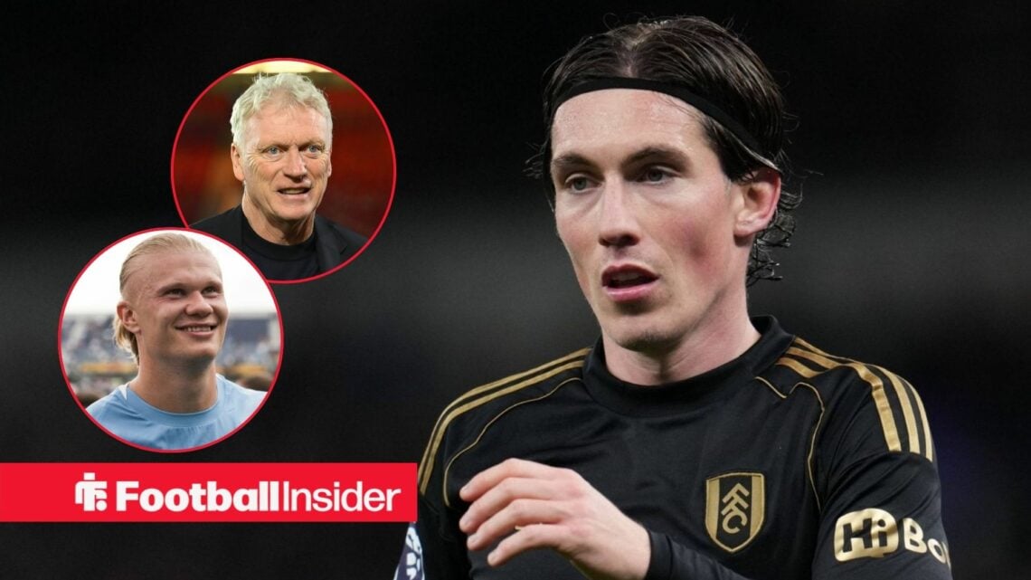 Harry Wilson in action during a game for Fulham, as Everton manager David Moyes and Man City striker Erling Haaland feature in circular insets.