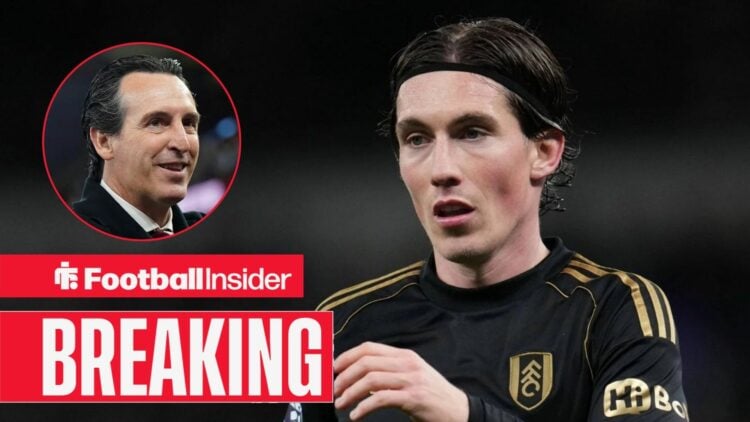 Harry Wilson in action for Fulham, with Unai Emery in a circular inset