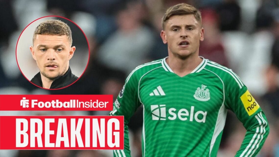 Newcastle winger Harvey Barnes stands with his hands on his hips during a game, as Kieran Trippier looks concerned in a circular inset.