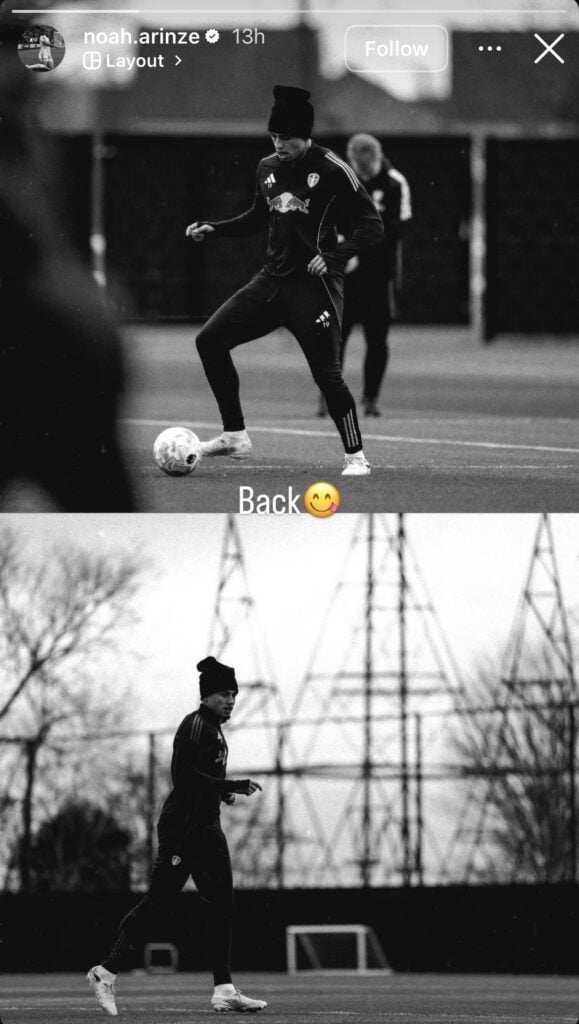 A screenshot of Noah Okafor's Instagram story, showing him training at Thorp Arch.