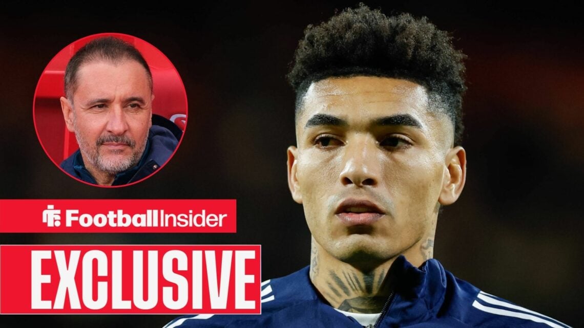 Football Insider exclusive as Nottingham Forest striker Igor Jesus glances towards manager Vitor Pereira, who features in a circular inset.