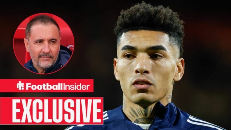 Football Insider exclusive as Nottingham Forest striker Igor Jesus glances towards manager Vitor Pereira, who features in a circular inset.