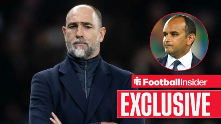 Football Insider exclusive as Tottenham interim manager Igor Tudor stands with his arms folded, while chief executive Vinai Venkatesham watches fro...