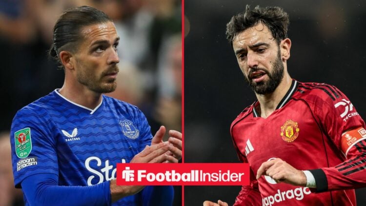 Everton loanee Jack Grealish clapping the supporters at the Hill Dickinson Stadium / Bruno Fernandes of Manchester Untied during the Emirates FA Cu...