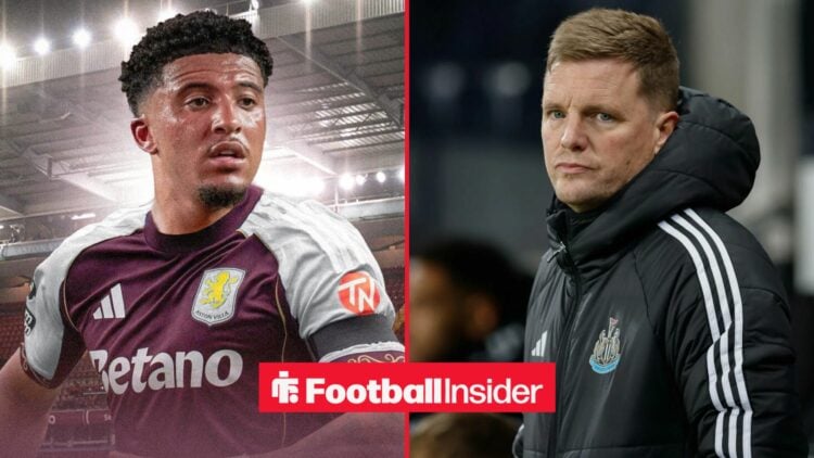Jadon Sancho in action for Aston Villa, as Newcastle United manager Eddie Howe watches from the other side of a split image.