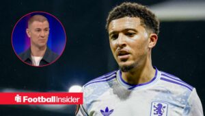 Jadon Sancho in action during a game for Aston Villa, as Joe Hart features in a circular inset.