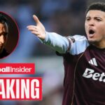 Jadon Sancho raises his arm angrily during a game for Aston Villa, as manager Unai Emery looks concerned in a circular inset.