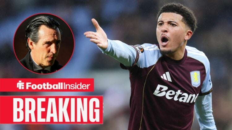 Jadon Sancho raises his arm angrily during a game for Aston Villa, as manager Unai Emery looks concerned in a circular inset.