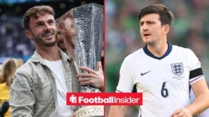 Tottenham midfielder James Maddison smiles while holding the Europa League trophy, as Harry Maguire is in action for England on the other side of a split image.