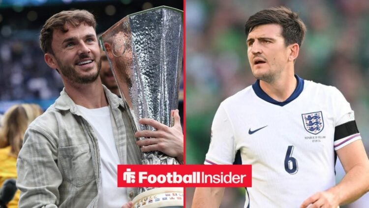 Tottenham midfielder James Maddison smiles while holding the Europa League trophy, as Harry Maguire is in action for England on the other side of a...