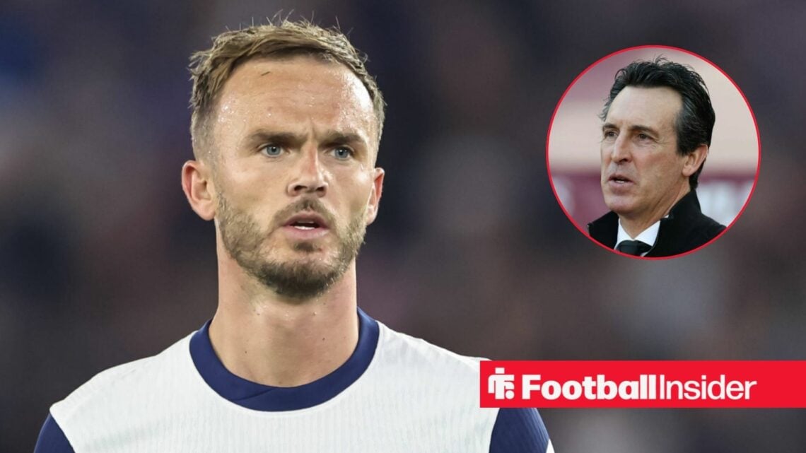 James Maddison in action for Tottenham, with Unai Emery in a circular inset