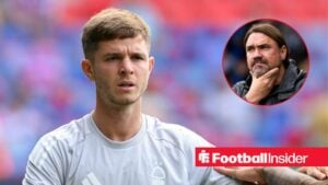 James McAtee at Nottingham Forest, with Daniel Farke in a circular inset