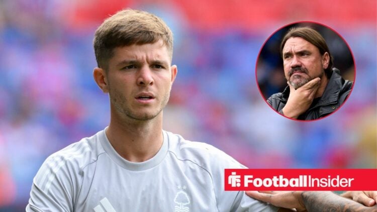 James McAtee at Nottingham Forest, with Daniel Farke in a circular inset