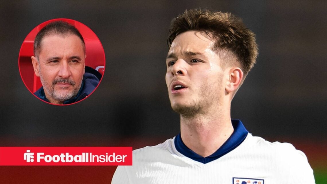 James McAtee in action for England U-21s, with Vitor Pereira in a circular inset