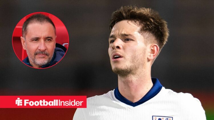 James McAtee in action for England U-21s, with Vitor Pereira in a circular inset