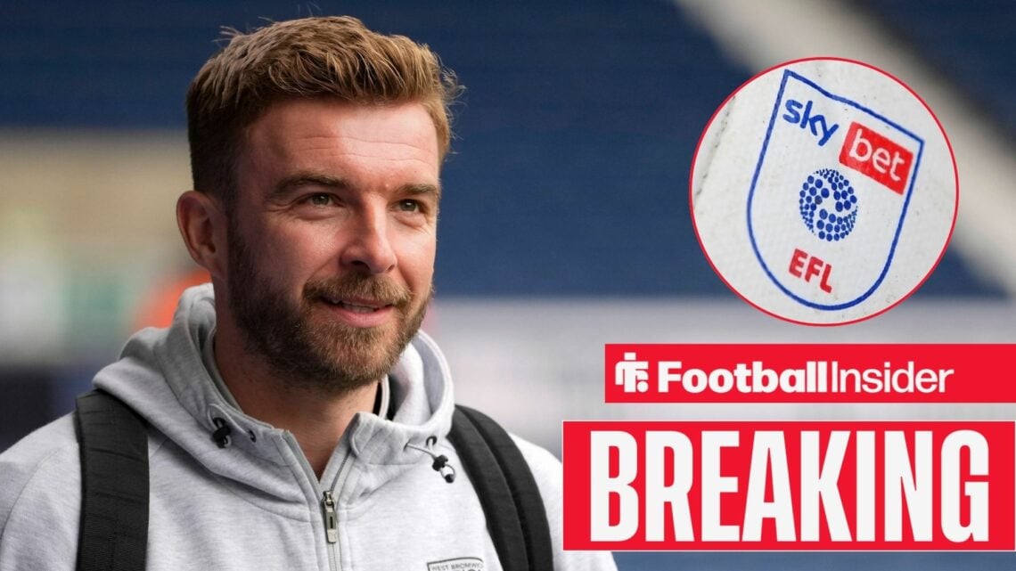 West Brom interim manager James Morrison smiles towards a circular inset, which features the EFL logo.