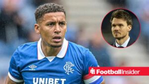 James Tavernier in action for Rangers, with Danny Rohl in a circular inset