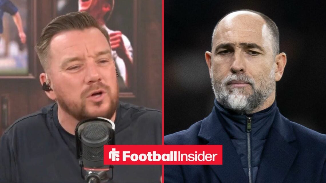 talkSPORT presenter Jamie O'Hara rages in the studio, as Tottenham interim manager looks concerned on the other side of a split image.