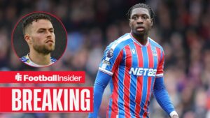 Jaydee Canvot in action for Crystal Palace, as Leeds defender Gabriel Gudmundsson features in a circular inset.