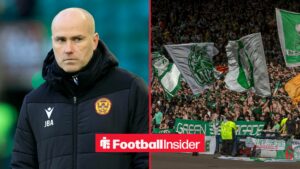 Motherwell manager Jens Berthel Askou glances across a split image towards Celtic fans, who wave flags in the stands.