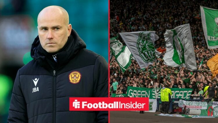 Motherwell manager Jens Berthel Askou glances across a split image towards Celtic fans, who wave flags in the stands.