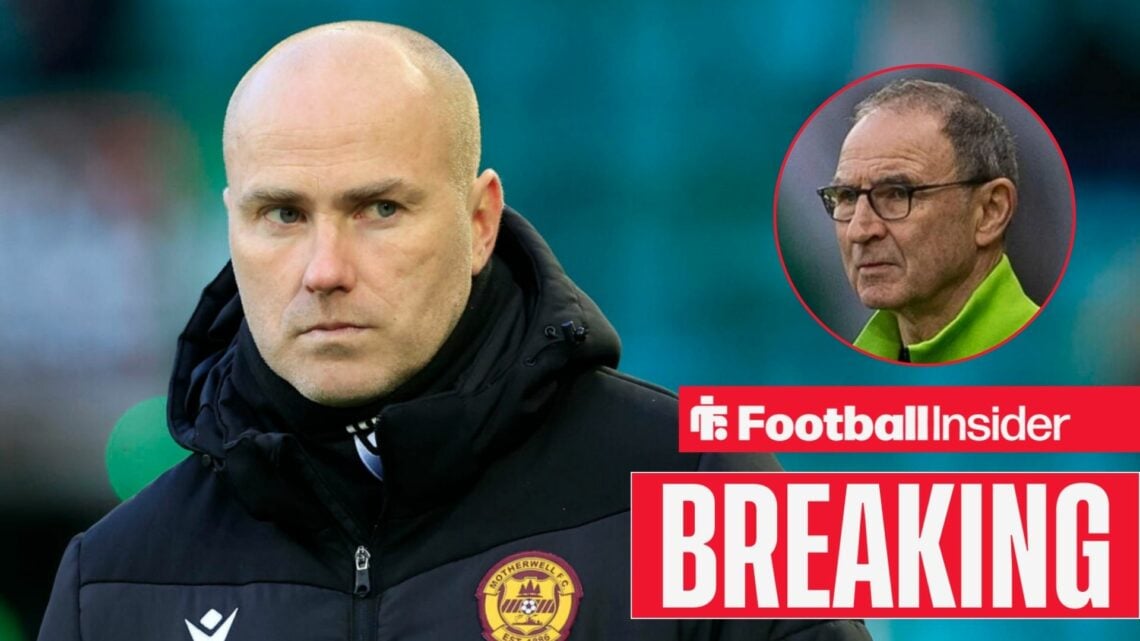 Jens Berthel Askou on the sidelines at Motherwell, with Martin O'Neill in a circular inset