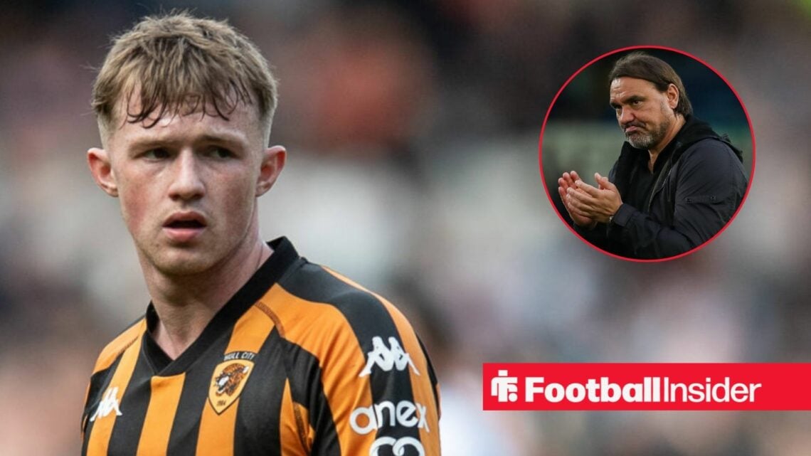 Joe Gelhardt playing for Hull City in 2025-26 / Daniel Farke applauding the Leeds United support at Elland Road
