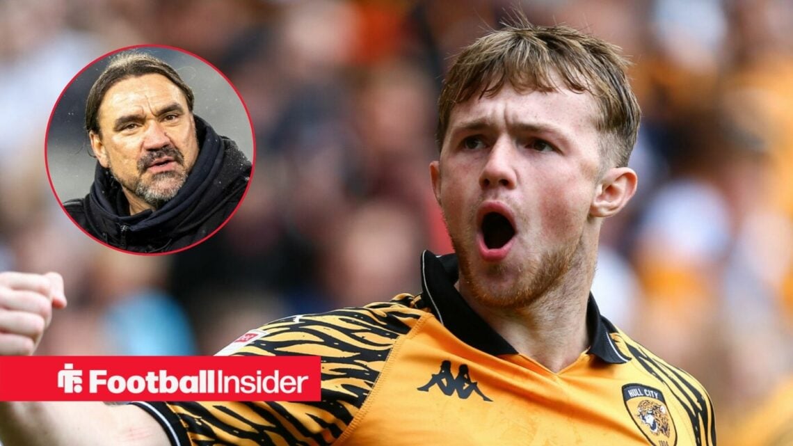 Joe Gelhardt celebrating a goal for Hull City, with Daniel Farke in a circular inset