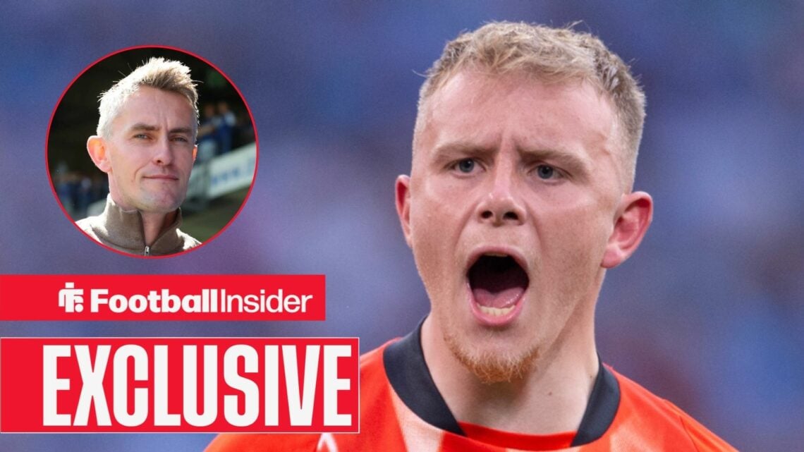 Joe Taylor celebrating a goal, with Kieran McKenna in a circular inset