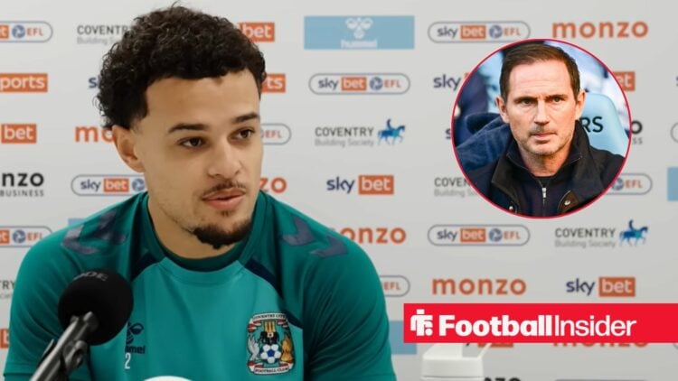 Joel Latibeaudiere speaking in a pre-match press conference / Coventry City manager Frank Lampard during the EFL Sky Bet Championship match between...