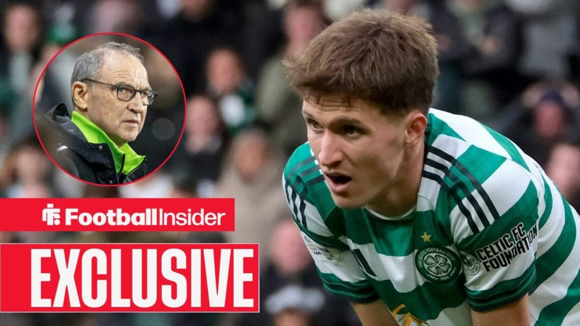 Football Insider exclusive as Celtic striker Johnny Kenny hunches over during a game, while manager Martin O'Neill watches from a circular inset.