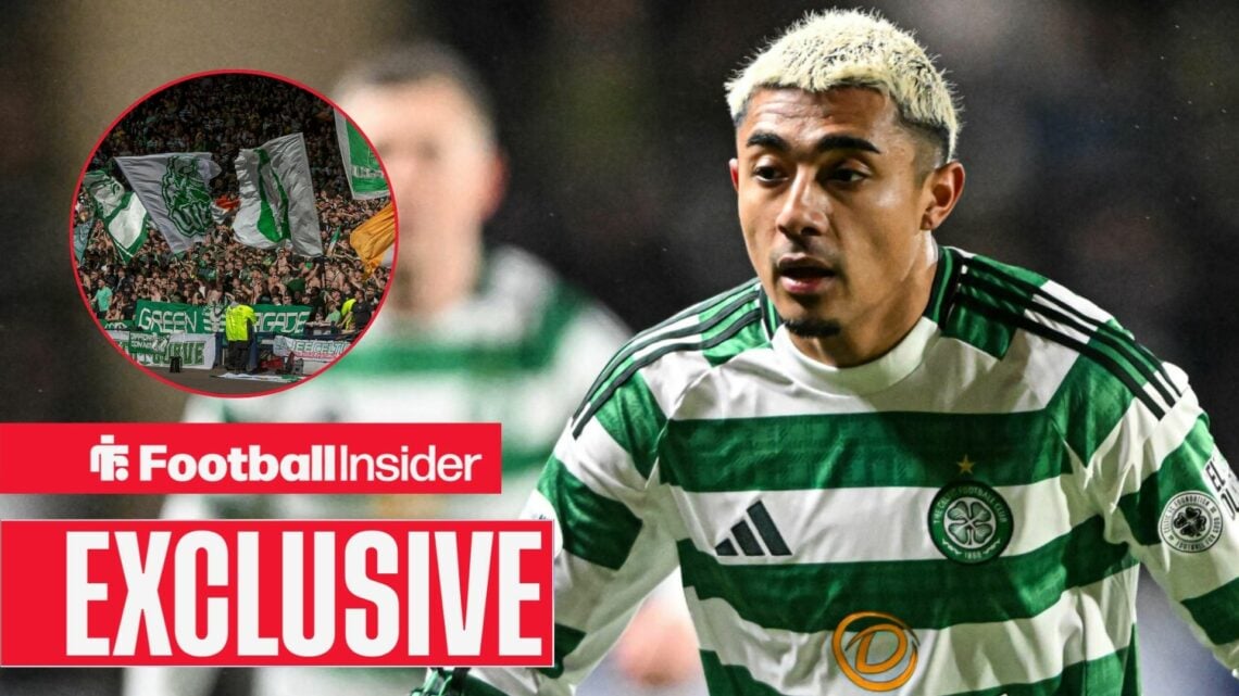 Football Insider exclusive as Julian Araujo is in action during a game for Celtic, while the fans wave flags in a circular inset.