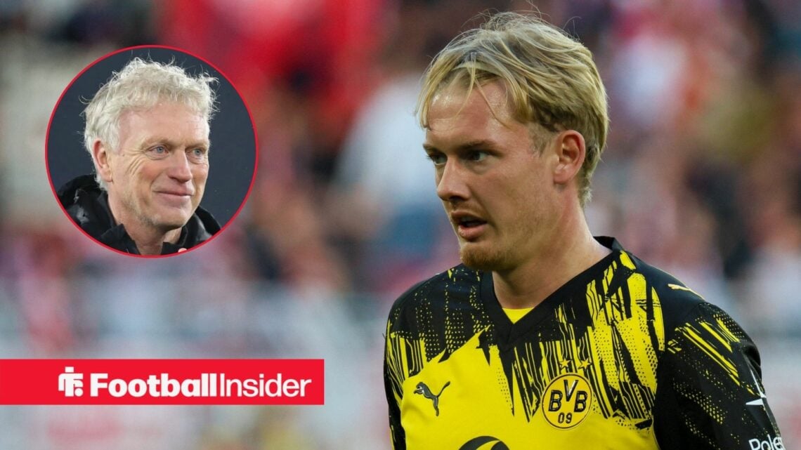 Julian Brandt in action for Borussia Dortmund, as Everton manager David Moyes smiles in a circular inset.