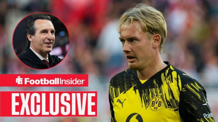 Football Insider exclusive as Julian Brandt is in action for Borussia Dortmund, while Aston Villa manager Unai Emery smiles in a circular inset.