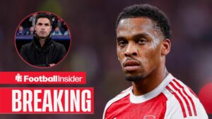 Arsenal player Jurrien Timber during the Champions League match between Bayer Leverkusen and Arsenal at BayArena on March 11, 2026 / Arsenal manager Mikel Arteta on the sidelines