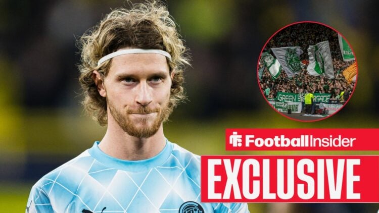 Football Insider exclusive as Kasper Hogh lines up for a game, while Celtic fans feature in a circular inset.