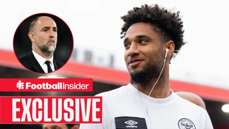 Football Insider exclusive as Brentford winger Kevin Schade smiles while wearing headphones, as Tottenham interim manager Igor Tudor watches from a...