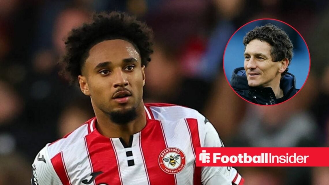 Kevin Schade in action for Brentford, with Keith Andrews in a circular inset