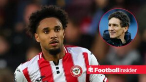 Kevin Schade in action for Brentford, with Keith Andrews in a circular inset