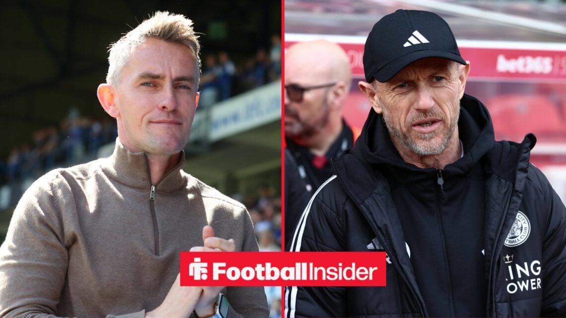 Kieran McKenna of Ipswich Town during the Sky Bet Championship match at Portman Road, Ipswich / Gary Rowett chats to Stoke City Manager Mark Robins...