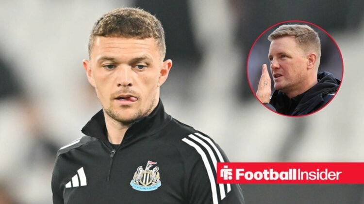 Kieran Trippier pre-match for Newcastle, with Eddie Howe in a circular inset