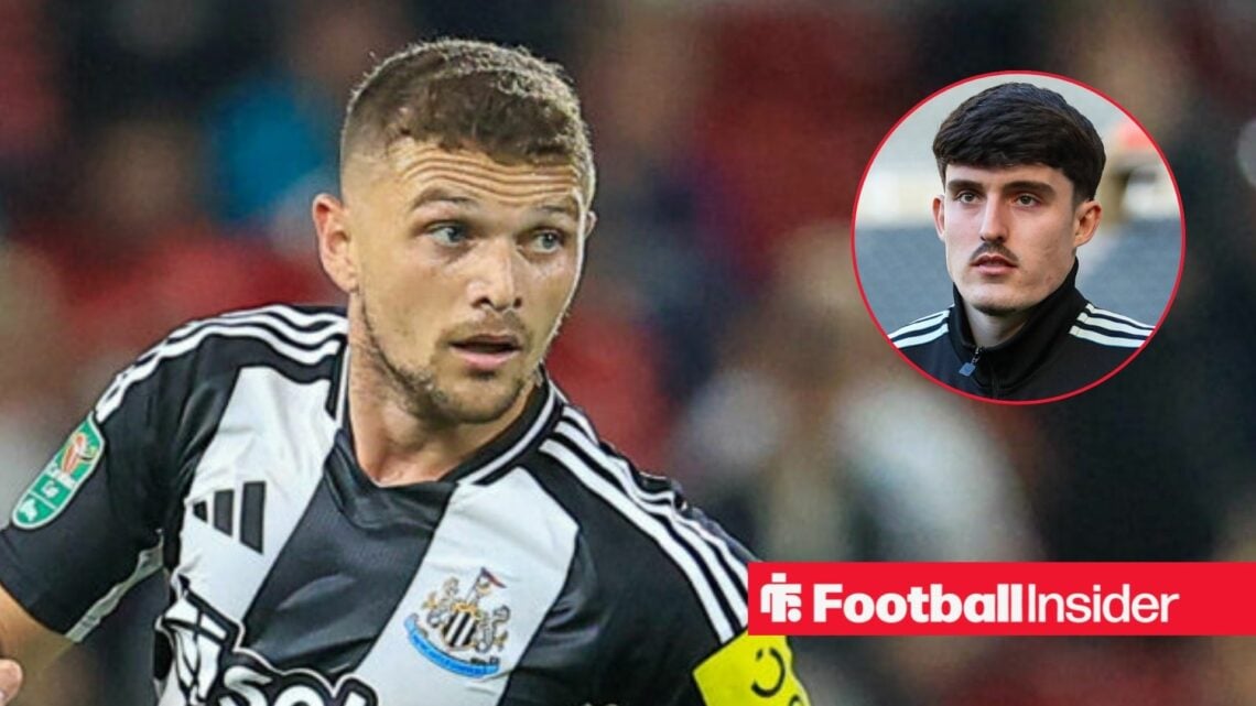 Kieran Trippier in action for Newcastle with Tino Livramento in a circular inset