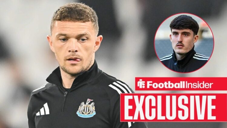 Football Insider exclusive as Kieran Trippier warms up for Newcastle, while Tino Livramento features in a circular inset.