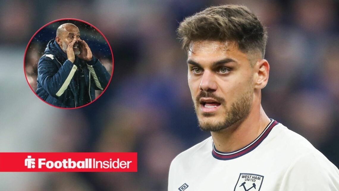 Konstantinos Mavropanos Of West Ham during the Everton FC v West Ham United FC English Premier League match at Hill Dickinson Stadium, Liverpool, E...